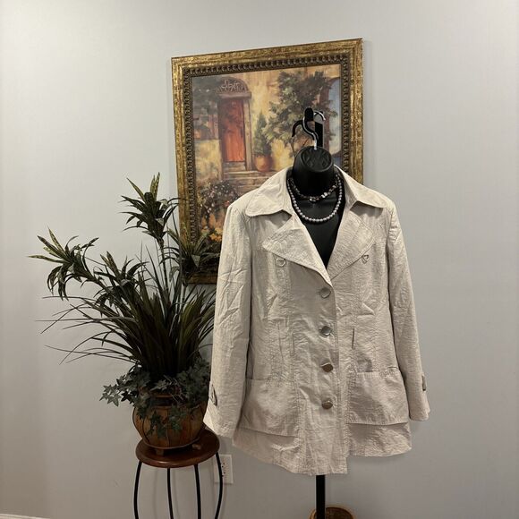 Click Collection Trench Coat Large Beige Pocket Missing Belt Collar Lapel Notch - Picture 1 of 11